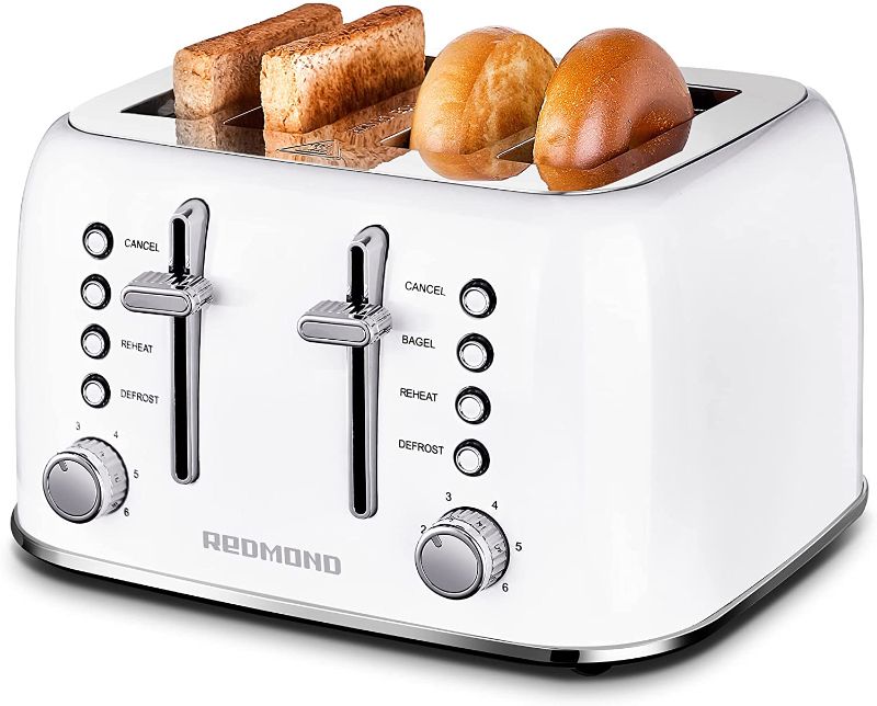 Photo 1 of REDMOND Toaster 4 Slice, Retro Stainless Steel Toaster with Extra Wide Slots Bagel, Defrost, Reheat Function, Dual Independent Control Panel, Removable Crumb Tray, 6 Shade Settings and High Lift Lever, White 