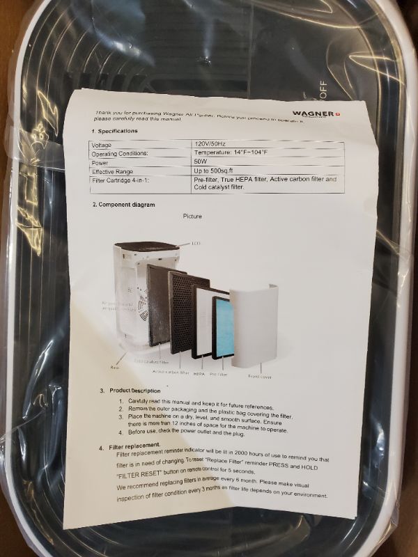 Photo 7 of Wagner & Stern air purifier WA888 ozone free, HEPA-13 medical grade filter for large rooms. Removes air particles, dust, odors, smoke, VOC, pollen pet dander, etc --- Box Packaging Damaged, item is New