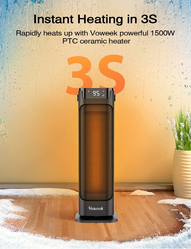 Photo 2 of 24" Space Heater, Voweek 1500W PTC Fast Heating Ceramic Heater for Office, Large Room, Indoor Use, Bedroom, Electric Heater with Thermostat, Remote, 3 Modes, ETL Certified, 12H Timer, 90° Oscillating