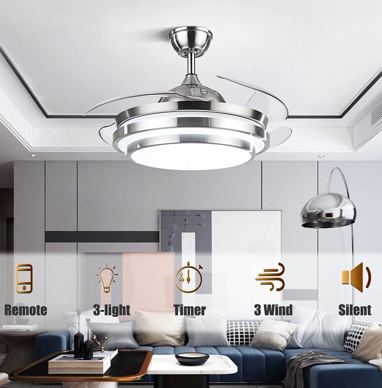 Photo 2 of  42" Modern Ceiling Light with Fans Remote Control, 4 Retractable Blades with 3 Light Color Change Ceiling Fan for Living Bedroom Restaurant, Silver Color with Silent Motor (42In-1) DS-FQ01