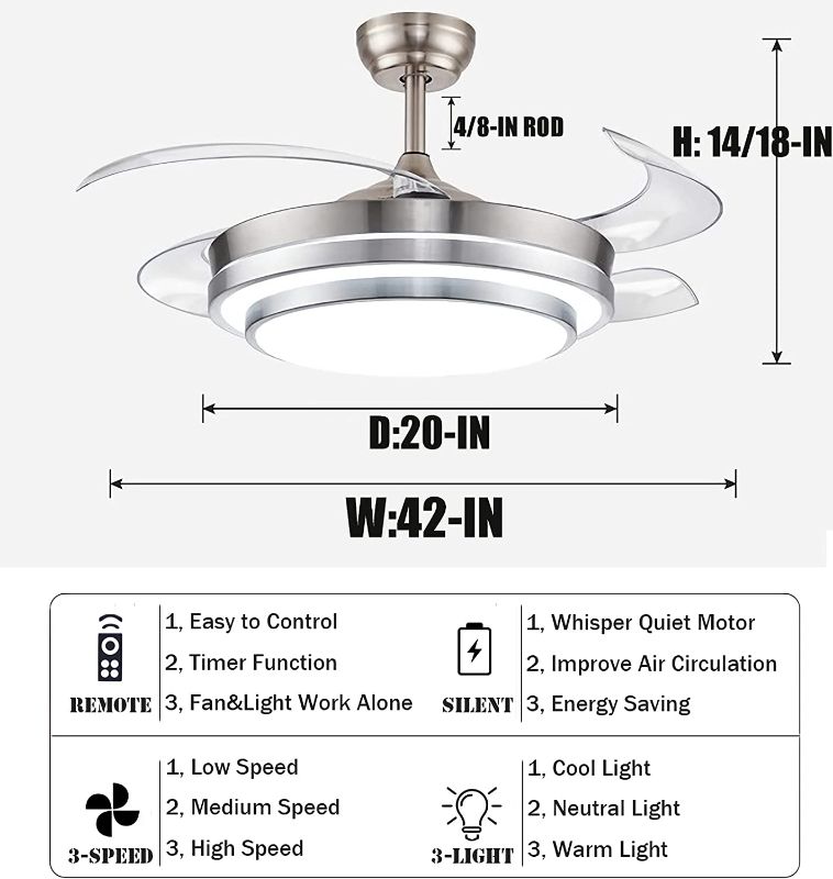 Photo 4 of  42" Modern Ceiling Light with Fans Remote Control, 4 Retractable Blades with 3 Light Color Change Ceiling Fan for Living Bedroom Restaurant, Silver Color with Silent Motor (42In-1) DS-FQ01