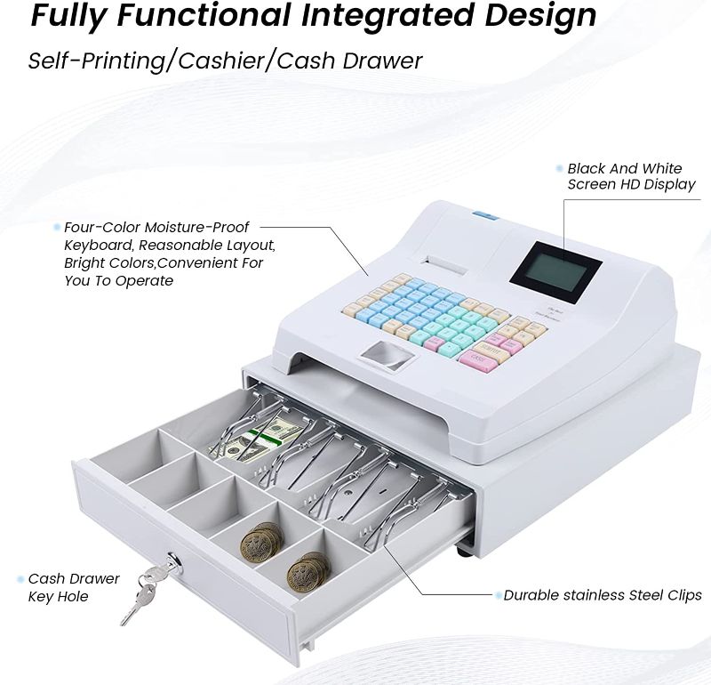 Photo 2 of  Electronic POS System with 4 Bill 5 Coin,Removable Tray and Thermal Printer,48-Keys 8-Digital LED Display Multifunction for Small Businesses, White 