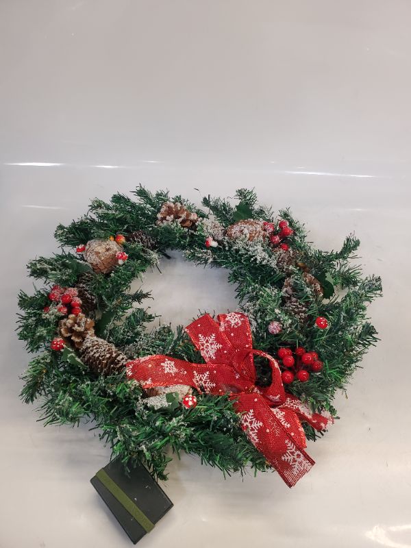 Photo 3 of 18 Inch Pre-lit Artificial Christmas Wreath for Front Door,Xmas Wreath with Realistic,Snowflakes,Pine Cone,Berries,Warm Lights,Winter Christmas Holiday Decor(45cm) 