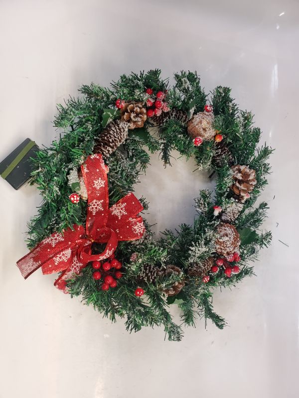 Photo 4 of 18 Inch Pre-lit Artificial Christmas Wreath for Front Door,Xmas Wreath with Realistic,Snowflakes,Pine Cone,Berries,Warm Lights,Winter Christmas Holiday Decor(45cm) 