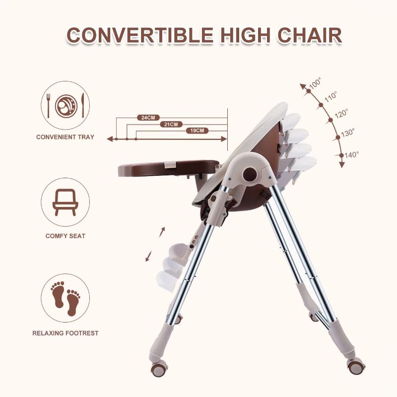 Photo 3 of Ezebaby- Baby High Chair for Toddlers Kids Feeding Height Convertible with Removable Tray, Multifunctional Portable Children Dining Reclining Chair Foldable with Wheels, Beige