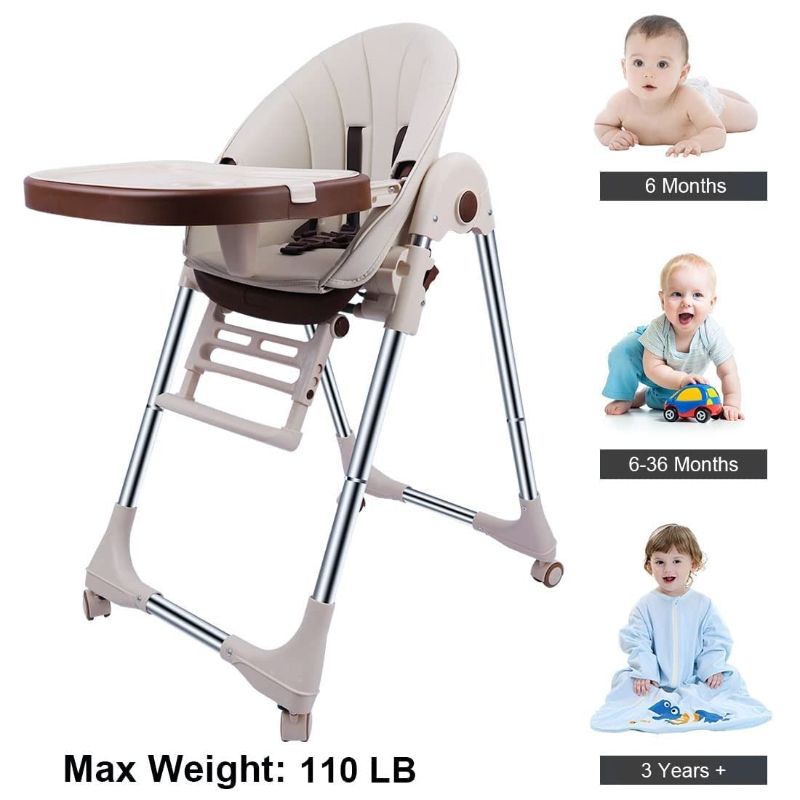 Photo 2 of Ezebaby- Baby High Chair for Toddlers Kids Feeding Height Convertible with Removable Tray, Multifunctional Portable Children Dining Reclining Chair Foldable with Wheels, Beige