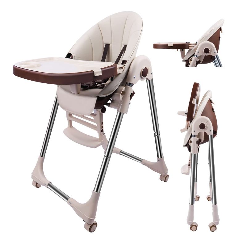 Photo 1 of Ezebaby- Baby High Chair for Toddlers Kids Feeding Height Convertible with Removable Tray, Multifunctional Portable Children Dining Reclining Chair Foldable with Wheels, Beige