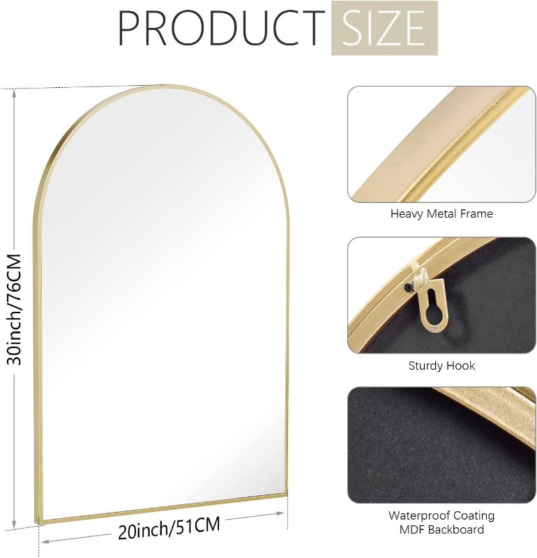 Photo 1 of Arched Wall Mirror for Bathroom,Large Arch Gold Metal Frame Vanity Wall Mounted Mirror for Living Room, Fireplace, Bedroom, Entryway 30" X 20"