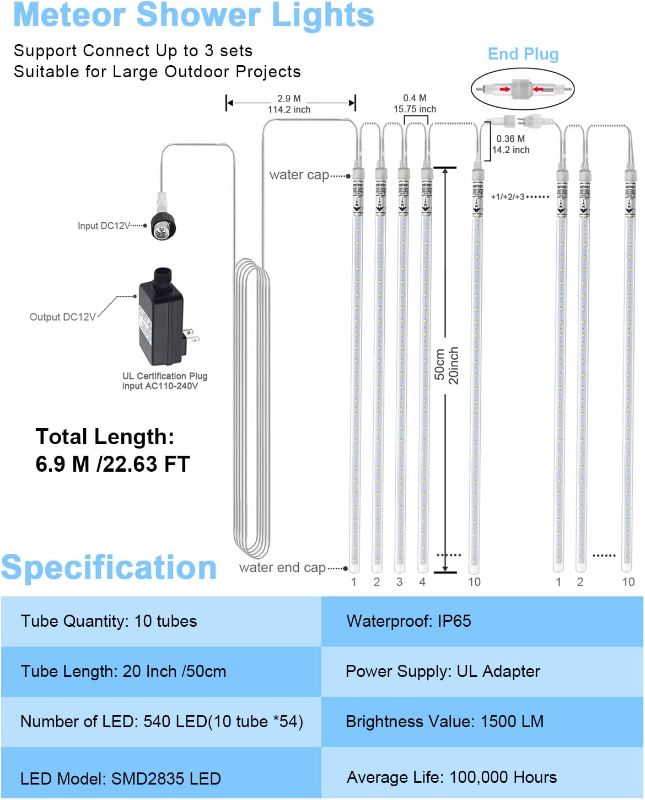 Photo 6 of EAGWELL white Lights Outdoor, 20 inches 20 Tube 540 LED Christmas Meteor Shower Lights Waterproof Meteor LED Lights 