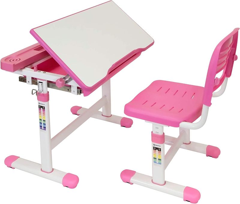 Photo 1 of Mount-It! Kids Desk and Chair Set, Height Adjustable Ergonomic Children's School Workstation with Storage Drawer, Pink