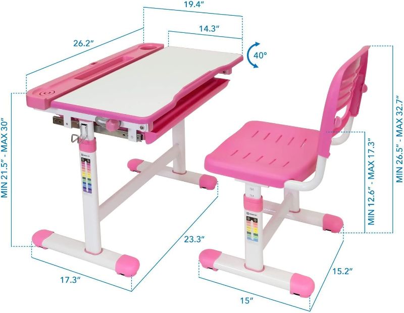 Photo 3 of Mount-It! Kids Desk and Chair Set, Height Adjustable Ergonomic Children's School Workstation with Storage Drawer, Pink