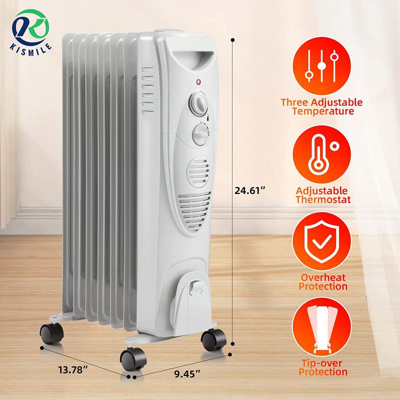 Photo 2 of Kismile 1500W Oil Filled Radiator Heater, Portable Electric Heater with 3 Heat Settings, Adjustable Thermostat, Overheat & Tip-Over Protection, Oil Heaters for Indoor Use (Grey) ITEM NO.: 3615-GREY MODEL NO.: ZC0715F