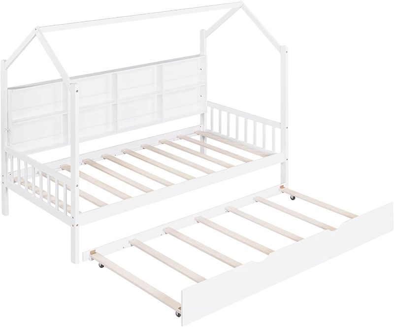 Photo 2 of Merax Wood Twin Montessori Daybed with Trundle and Book Shelf Low Sofa Day Bed Frame for Kids Boys Girls No Box Spring Needed White