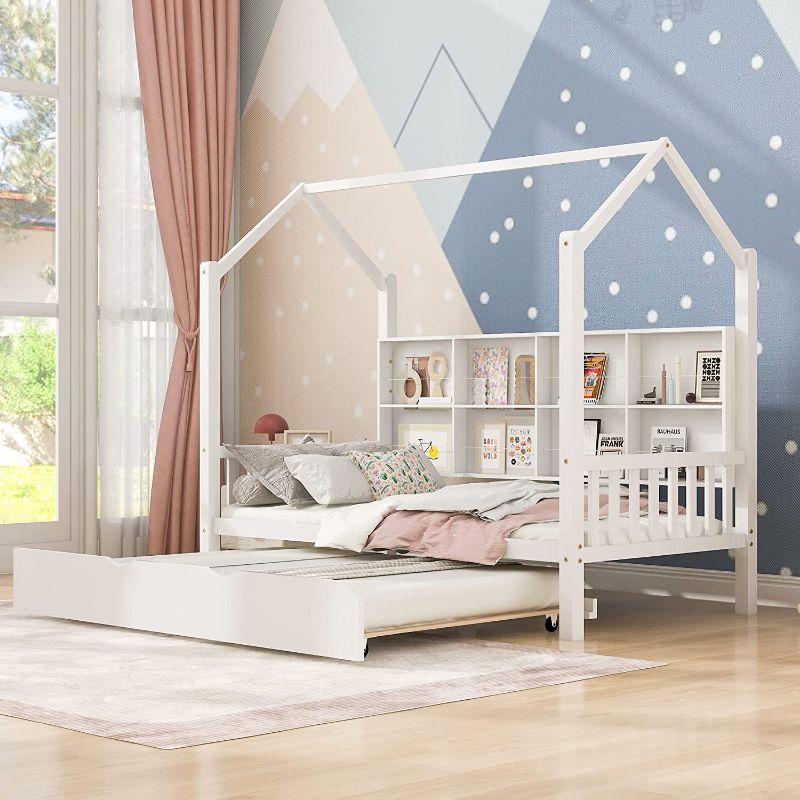 Photo 4 of Merax Wood Twin Montessori Daybed with Trundle and Book Shelf Low Sofa Day Bed Frame for Kids Boys Girls No Box Spring Needed White