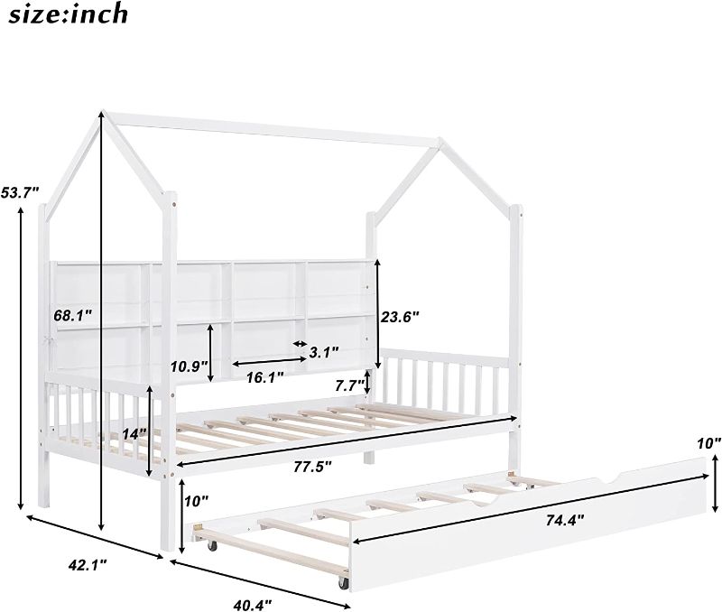 Photo 3 of Merax Wood Twin Montessori Daybed with Trundle and Book Shelf Low Sofa Day Bed Frame for Kids Boys Girls No Box Spring Needed White