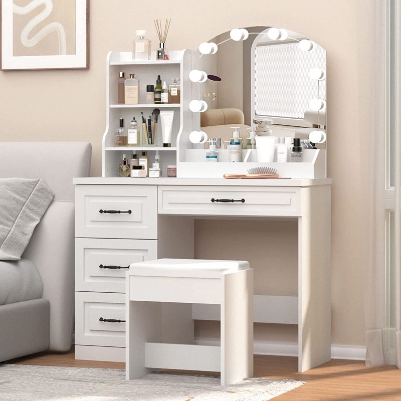 Photo 1 of QYSL 4 DRAWER MAKEUP VANITY TABLE SET - WHITE - X002ZBMFF1