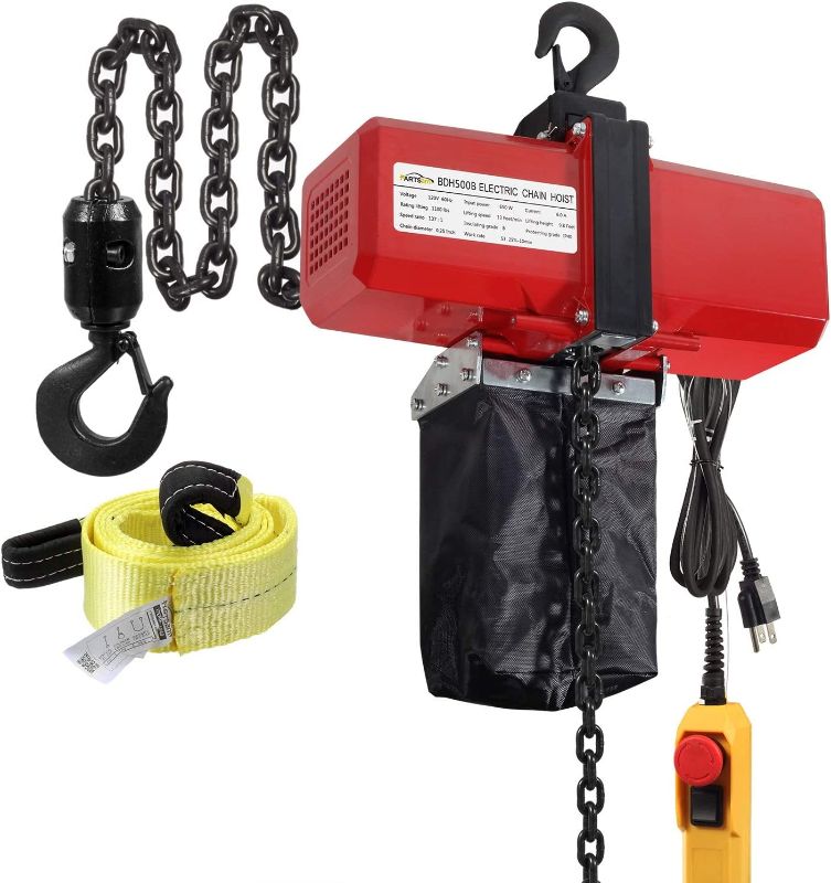 Photo 2 of Partsam 1100lbs Lift Electric Chain Hoist Single Phase Overhead Crane Garage Ceiling Pulley Winch Hook Mount G80 Chain w Pendant Control and Towing Strap Sling (1/2T 110V), 10ft Lift Height, 2 Hooks - BDH500B