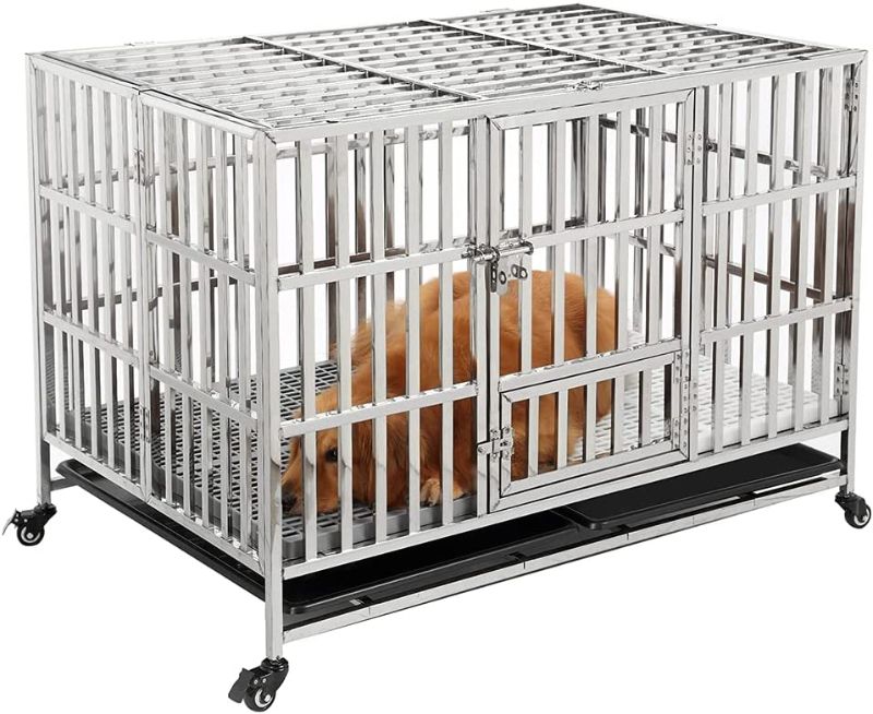 Photo 2 of GIOPACO 48 Inch Stainless Steel Dog Crate with Tray - 48"L x 32"W x 34"H