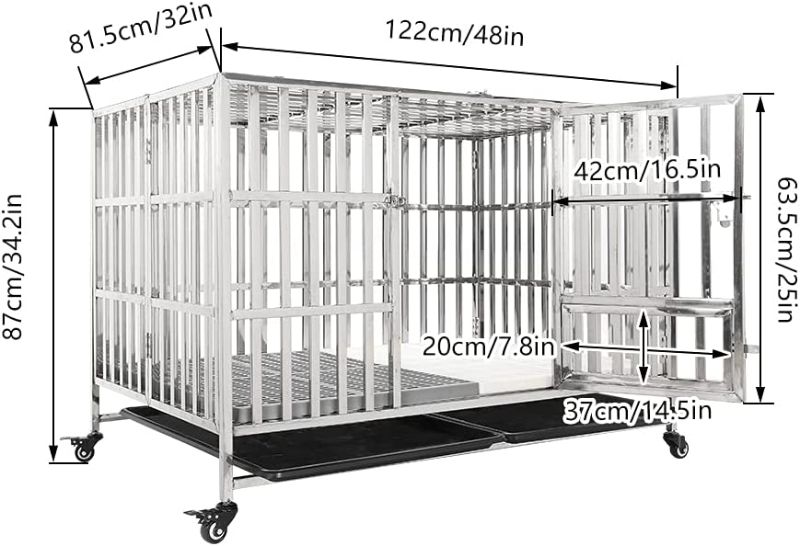 Photo 1 of GIOPACO 48 Inch Stainless Steel Dog Crate with Tray - 48"L x 32"W x 34"H