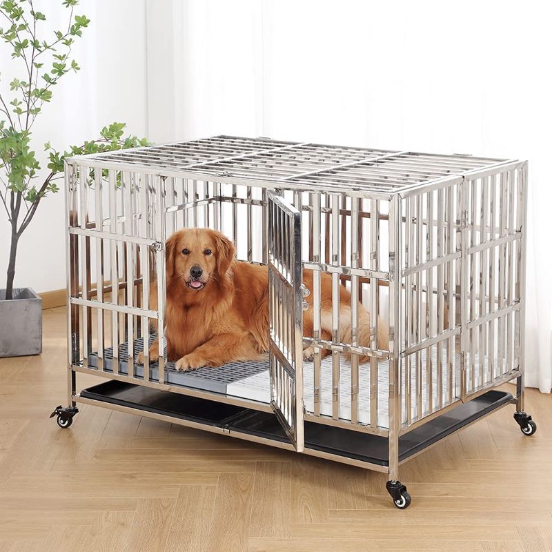 Photo 3 of GIOPACO 48 Inch Stainless Steel Dog Crate with Tray - 48"L x 32"W x 34"H