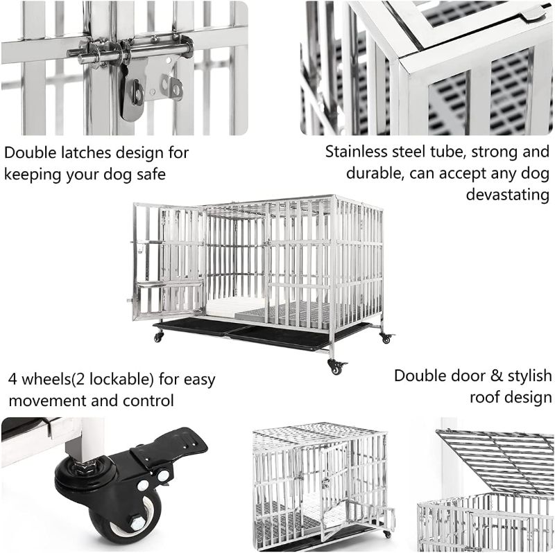 Photo 4 of GIOPACO 48 Inch Stainless Steel Dog Crate with Tray - 48"L x 32"W x 34"H