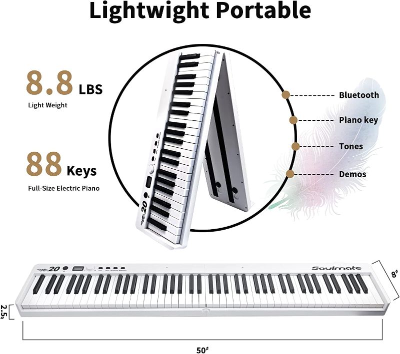 Photo 2 of Soulmate Foldable Keyboard Piano 88 Keys Digital Piano for Beginner Full Size Semi Weighted Keyboard-WHITE 