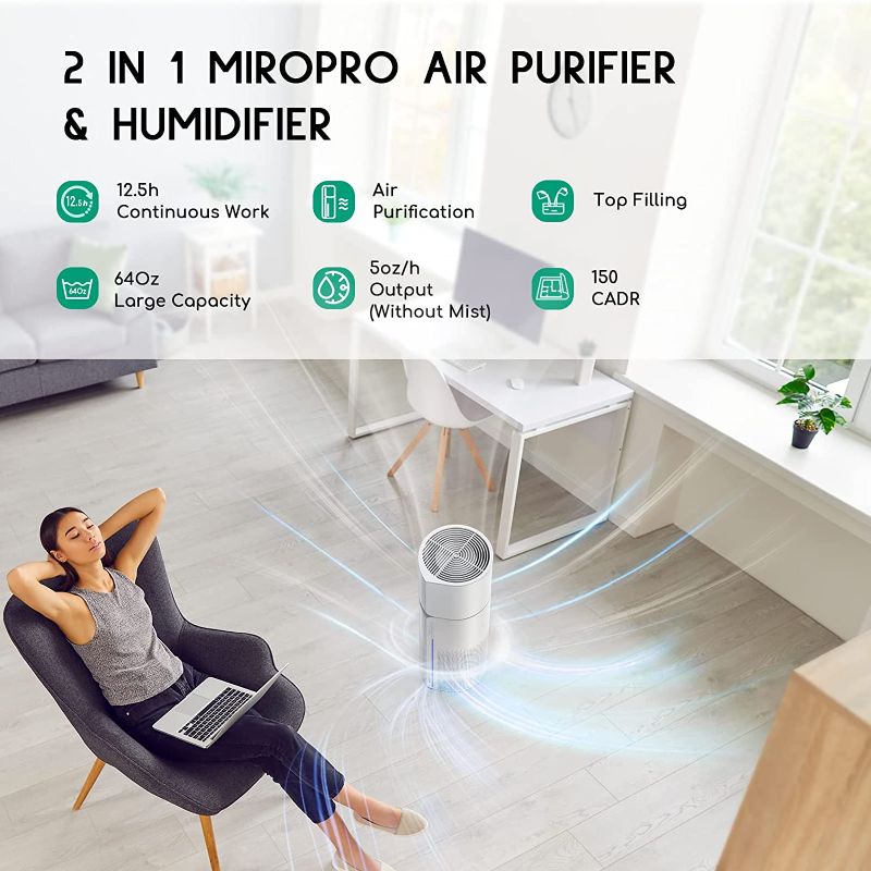 Photo 2 of Afloia 2 in 1 HEPA Air Purifier with Humidifier, 3 Stage H13 Filters for Home Allergies Pets Hair Smoker Odors, Evaporative Humidifier, Auto Shut Off, Quiet Air Cleaner with Seven Color Lights , MIROPRO - WHITE