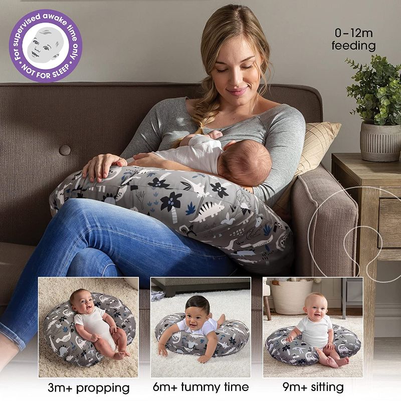 Photo 2 of Boppy Nursing Pillow and Positioner—Original | Gray Dinosaurs with White, Black and Blue | Breastfeeding, Bottle Feeding, Baby Support | With Removable Cotton Blend Cover