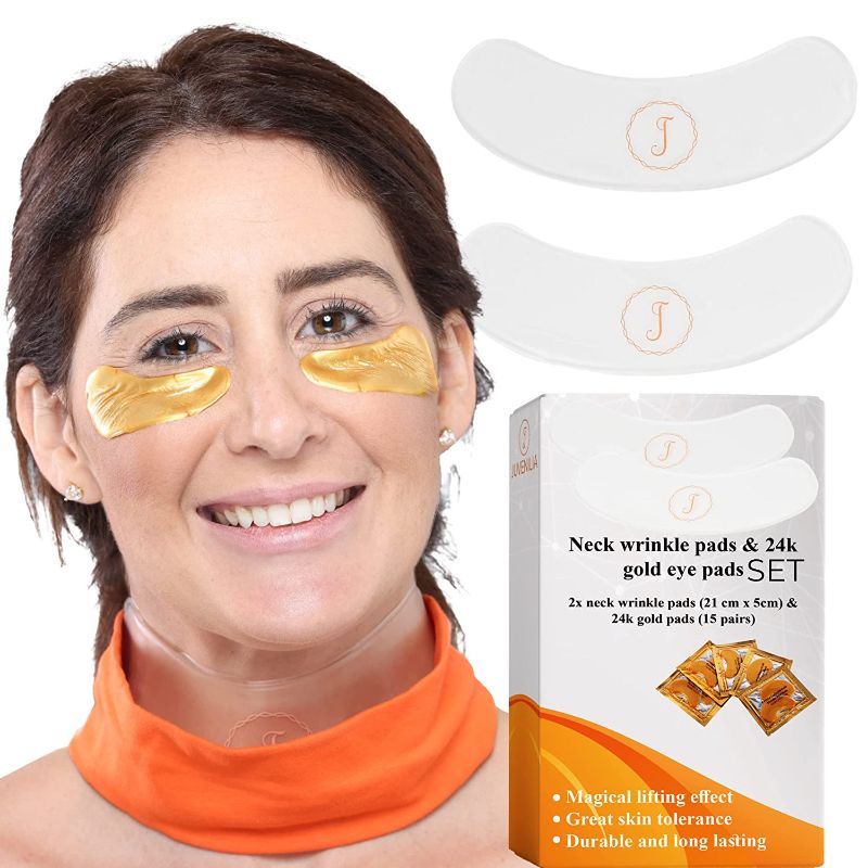 Photo 1 of NECK WRINKLE PADS AND 24K GOLD EYE PADS LIFT SKIN AND TIGHTEN SKINS ELASTICITY LEAVING THE FACE WITH FEWER AND FEWER WRINKLES AND DARK CIRCLES TILL ALL GONE UP TO 9 HOURS OF USAGE REMOVE AND CLEAN TO USE AGAIN NEW 