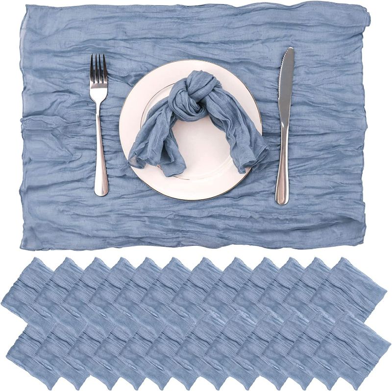 Photo 1 of 24 PCS Cheesecloth Napkins 20 x 20 Inch Soft Gauze Table Napkins Wrinkled Dinner Napkins Rustic Linen Cloth Napkins for Weddings Party Baby Shower Reception Table Dining Home Decor(Dusty Blue)