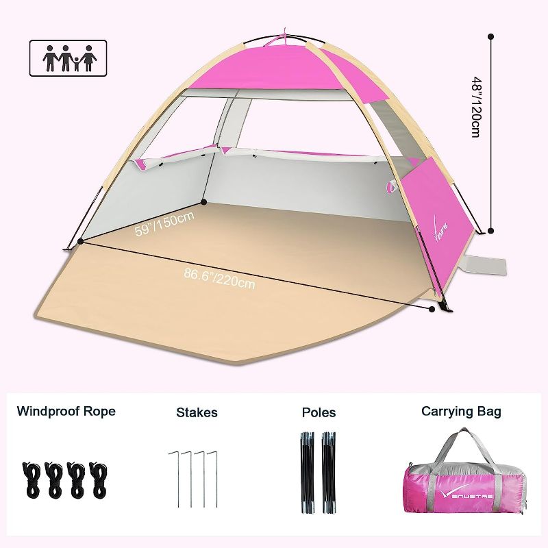 Photo 1 of Venustas Beach Tent, Beach Umbrella, Outdoor Sun Protection Cabana with UPF 50+ Sun Protection, Easy to Assemble, 3-4 Person, Lightweight and Easy to Carry (Pink)