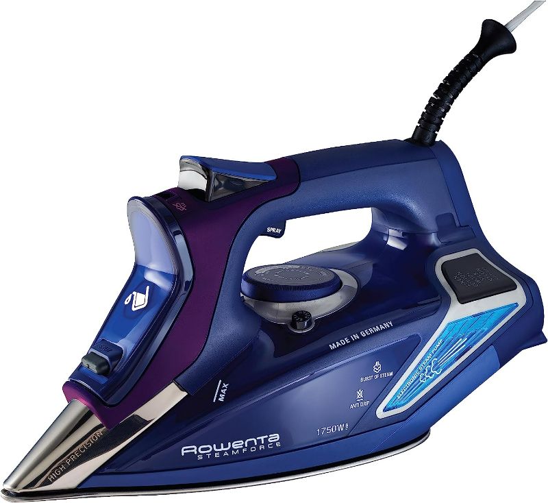 Photo 1 of Rowenta Steam Force Stainless Steel Soleplate Steam Iron for Clothes 400 Microsteam Holes, Cotton, Wool, Poly, Silk, Linen, Nylon 1800 Watts Ironing, Fabric Steamer, Precision Tip, Powerful DW9280