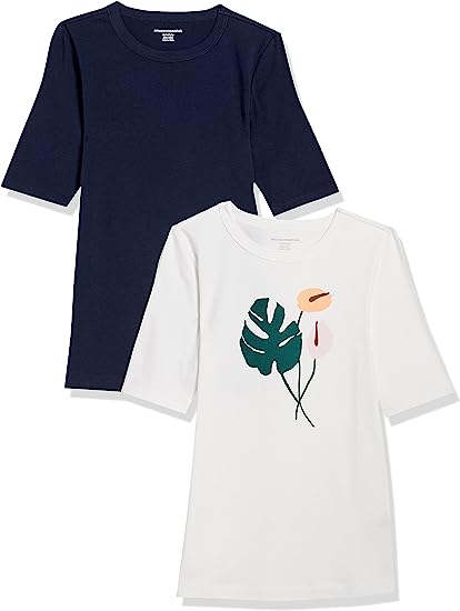 Photo 1 of Amazon Essentials Women's Ribbed Knit Half-Sleeve Crewneck Slim-Fit T-Shirt, Multipacks