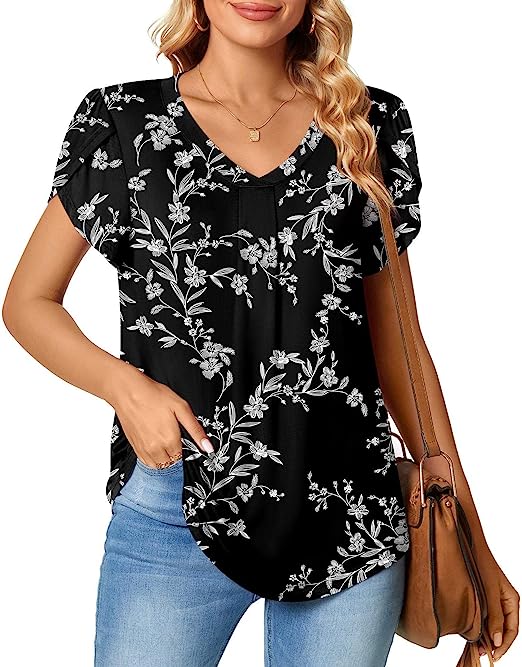 Photo 1 of Petal Sleeve Tops for Women V Neck Short Sleeve Shirts Summer Loose Floral Printed Tunic Tshirt Busniess Casual Blouse