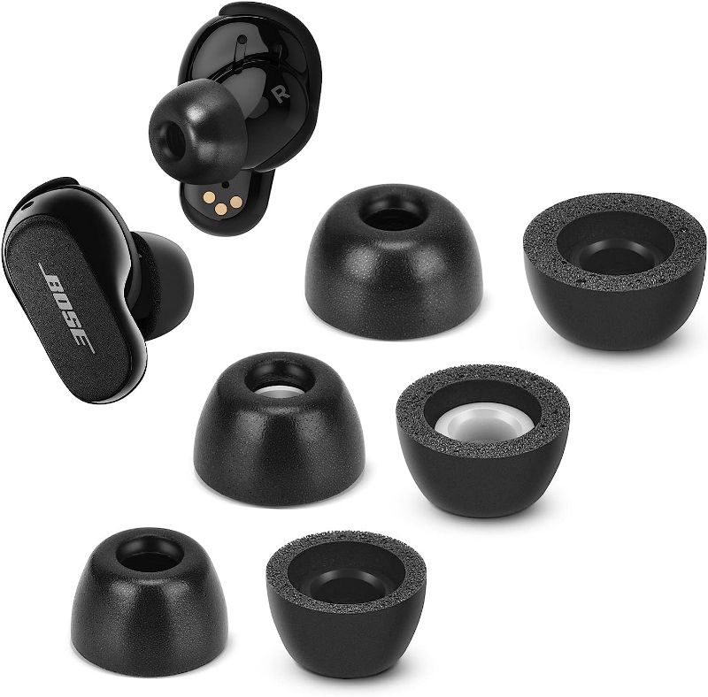 Photo 1 of Tang Town Memory Foam Tips for Bose QuietComfort Earbuds II, No Silicone Eartips Pain, Anti-Slip Replacement Ear Tips, Fit in the Charging Case, Reducing Noise Tips, 3 Pairs (Mixed Sizes S/M/L, Black)
