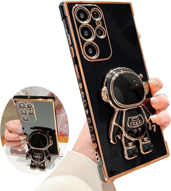 Photo 1 of Case for Samsung Galaxy S22 Ultra/S22plus,Astronaut Hidden Stand Plating Cartoon Cute Love Slim Shockproof Solid Cover for Samsung Galaxy S22/Plus/Ultra for Women Phone Case Kickstand (S22,Black)