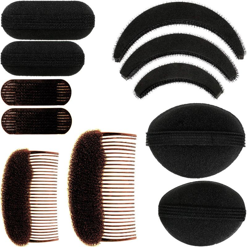 Photo 1 of 11 Pieces Sponge Volume Hair Bases Set Bump it Up Inserts Hair Styling Tools Bump Up Combs Clips Sponge Hair Bun Updo Accessories for Women Girl DIY Hairstyles (Black)