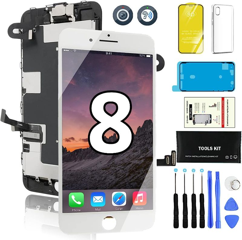 Photo 1 of for iPhone 8 LCD Display Replacement 4.7 inches Screen 3D Touch Digitizer Complete Pantalla Assembly with Front Camera+Earpiece+Sensor+Repair Tools Kit(Compatible Model A1863 A1905 A1906) (White)
