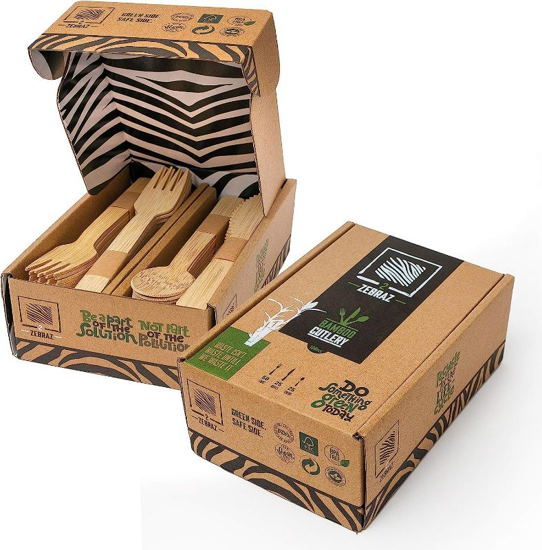 Photo 1 of 2ZEBRAZ 100% Bamboo Cutlery Set of 100 pc - 50 Forks, 25 Knives, 25 Spoons, Smooth Reusable Bamboo Silverware, Compostable and Durable Disposable Utensils, Eco-Friendly Flatware in Premium Box
