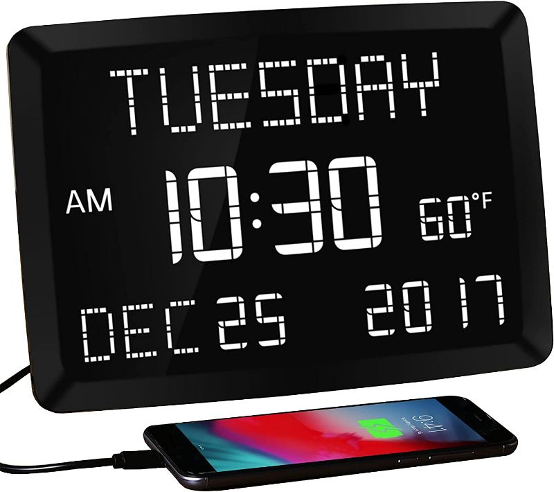 Photo 1 of 11.5” Digital Wall Clock with Date,Time,Week,Indoor Temperature,3 Alarms,5 Dimmer,2 USB Chargers,Battery Backup,Snooze,12/24H for Elderly,Parents,Impaired Vision,Dementia,Memory Loss,Office,Bedroom