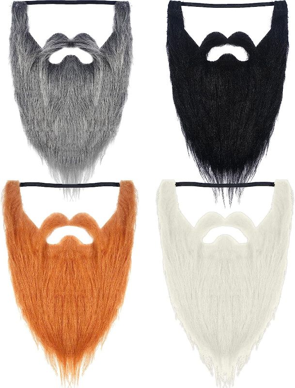 Photo 1 of 4 Pieces Fake Beards False Beards Funny Fake Mustache Fake Whisker for Costume Halloween Party Supplies (Black, Orange, White, Gray)