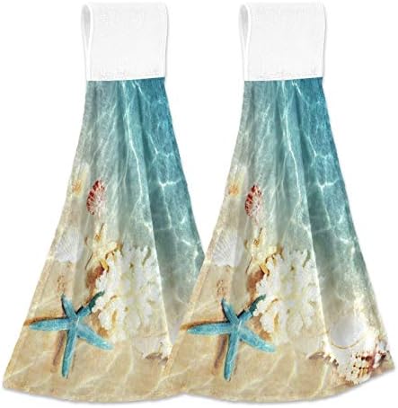 Photo 1 of Seashell Summer Beach Kitchen Hand Towels Tropical Ocean Coral Hanging Towel Dishcloths with Loop 2PCS, Soft Super Absorbent Fingertip Towel for Bathroom Washroom Guestroom Hotel 12x17 in
