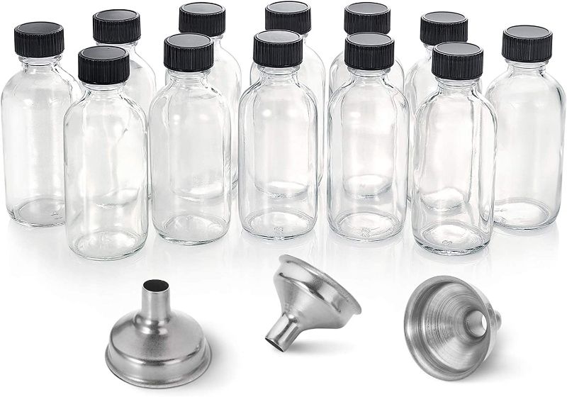 Photo 1 of 12 Pack, 2 oz Small Clear Glass Bottles with Lids & 3 Stainless Steel Funnels - 60ml Boston Round Sample Bottles for Potion, Juice, Ginger Shots, Whiskey, Liquids - Mini Travel Bottles, NO Leakage
