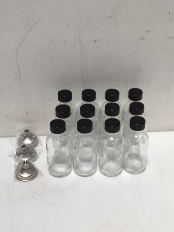 Photo 3 of 12 Pack, 2 oz Small Clear Glass Bottles with Lids & 3 Stainless Steel Funnels - 60ml Boston Round Sample Bottles for Potion, Juice, Ginger Shots, Whiskey, Liquids - Mini Travel Bottles, NO Leakage
