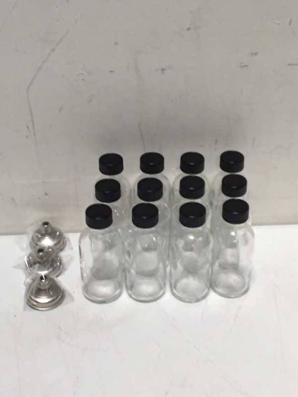 Photo 1 of 12 Pack, 2 oz Small Clear Glass Bottles with Lids & 3 Stainless Steel Funnels - 60ml Boston Round Sample Bottles for Potion, Juice, Ginger Shots, Whiskey, Liquids - Mini Travel Bottles, NO Leakage

