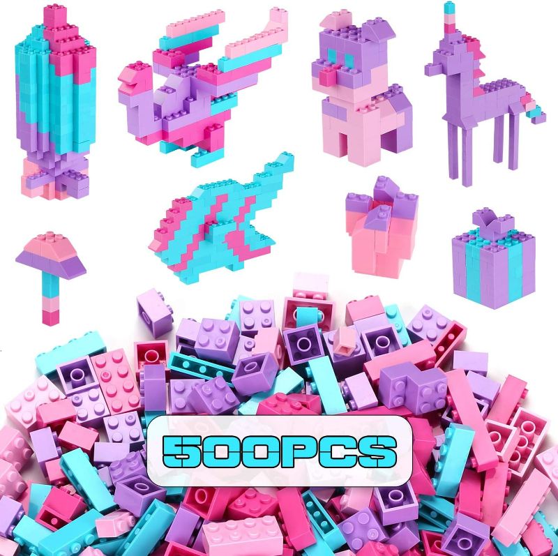 Photo 1 of Reenwee Building Bricks 500 Pieces Set,Classic Colors Building Blocks Toys,Compatible with All Major Brands,Birthday Gift for Kids (Pink-Purple)