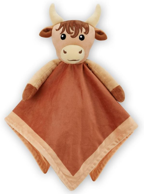 Photo 1 of Brown Highland Cow Lovey Baby Boy Blanket Animal Security Blanket Neutral Baby Snuggly Scotland Herd Animal Face Soft Bedding Plush Kids Grandchild's Lovey Nursery Décor Gift Ideas for Son
