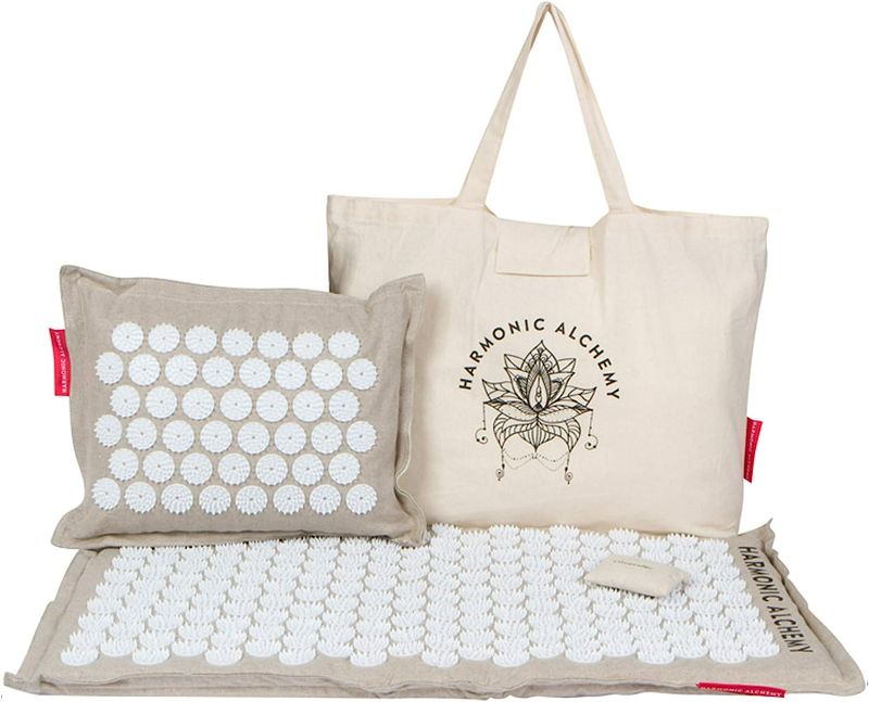 Photo 1 of Harmonic Alchemy Acupressure Mat Set by Heavenly | Perfect for back pain relief, stiff neck, sciatica & stress | Comes with full size linen mat, pillow, bag, and lavender scent pouch (Beige Color)