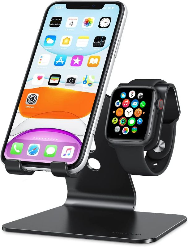 Photo 1 of Stand for Apple Watch - 2 in 1 Universal Desktop Stand Holder for iPhone 14 13 12 11 All Series and Apple Watch Series 8/SE2/7/6/SE/5/4/3/2 (Both 38mm/40mm/41mm/42mm/44mm/45mm) (Black)