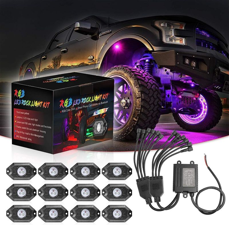 Photo 1 of RGB LED Rock Lights 12 Pods, SWATOW 4x4 Multicolor Neon Lights Kit Underglow Wheel Well Lights with Bluetooth Controller Waterproof Neon Rock Lights for Pickup Off Road UTV Truck ATV Car
